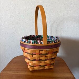 Longaberger Woven Handled Basket with Colorful Fabric and plastic liner 1996